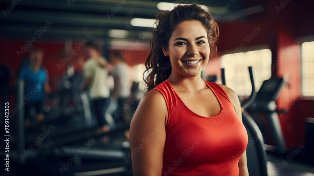 Portrait of a smiling young woman in red sportswear in gym