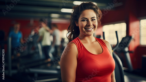 Portrait of a smiling young woman in red sportswear in gym