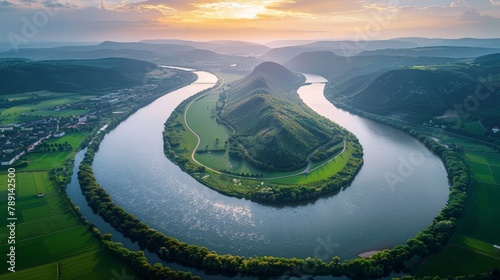 Aerial view of the Rhine River, winding through European landscapes photo