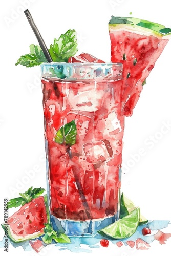 Watercolor Watermelon Cocktail in Glass with Fresh Basil