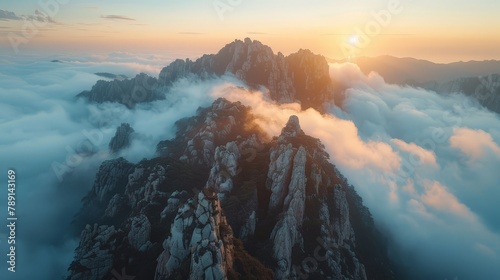 Aerial view of the Yellow Mountain, granite peaks and sea of clouds