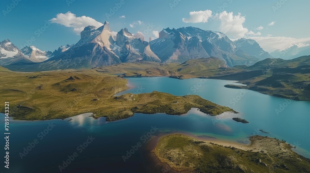 Aerial view of Torres del Paine, majestic peaks and turquoise lakes