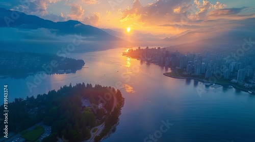 Aerial view of Vancouver  mountains meeting ocean  serene dawn