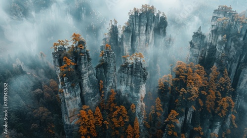Aerial view of Wulingyuan Scenic Area, towering sandstone pillars photo