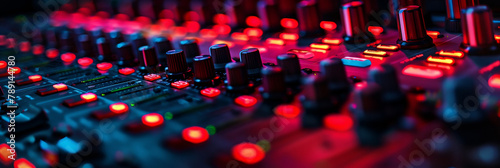 A closeup of the mixing console in an recording audio studio, 