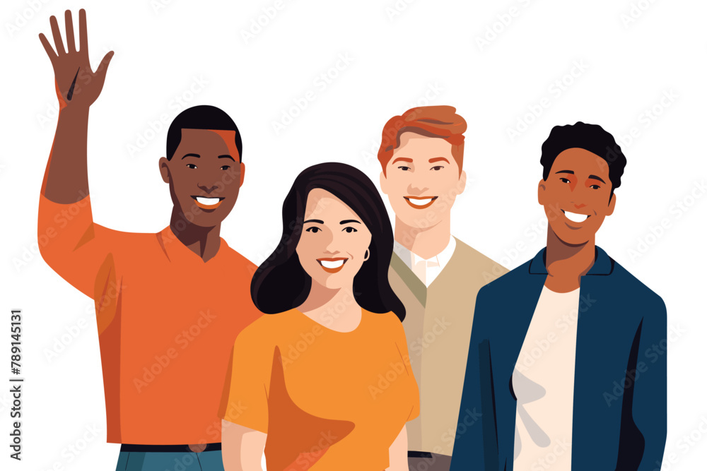 Group of happy people standing together, waving and inviting new customer, colleague. Concept of happy multiethnic team welcome newcomer. Flat vector cartoon illustration isolated on white Group of happy people standing together, waving and inviting new customer, colleague. Concept of happy multiethnic team welcome newcomer. Flat vector cartoon illustration isolated on white