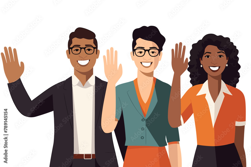 Group of happy people standing together, waving and inviting new customer, colleague. Concept of happy multiethnic team welcome newcomer. Flat vector cartoon illustration isolated on white Group of happy people standing together, waving and inviting new customer, colleague. Concept of happy multiethnic team welcome newcomer. Flat vector cartoon illustration isolated on white