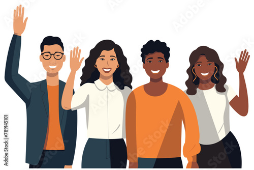 Group of happy people standing together, waving and inviting new customer, colleague. Concept of happy multiethnic team welcome newcomer. Flat vector cartoon illustration isolated on white