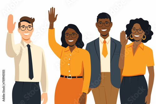 Group of happy people standing together, waving and inviting new customer, colleague. Concept of happy multiethnic team welcome newcomer. Flat vector cartoon illustration isolated on white