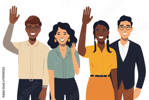 Group of happy people standing together, waving and inviting new customer, colleague. Concept of happy multiethnic team welcome newcomer. Flat vector cartoon illustration isolated on white