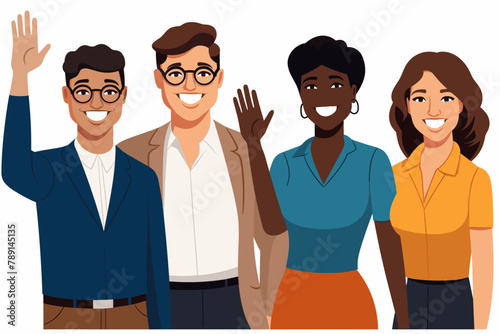 Group of happy people standing together, waving and inviting new customer, colleague. Concept of happy multiethnic team welcome newcomer. Flat vector cartoon illustration isolated on white