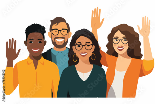 Group of happy people standing together, waving and inviting new customer, colleague. Concept of happy multiethnic team welcome newcomer. Flat vector cartoon illustration isolated on white