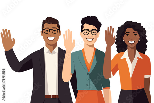 Group of happy people standing together, waving and inviting new customer, colleague. Concept of happy multiethnic team welcome newcomer. Flat vector cartoon illustration isolated on white