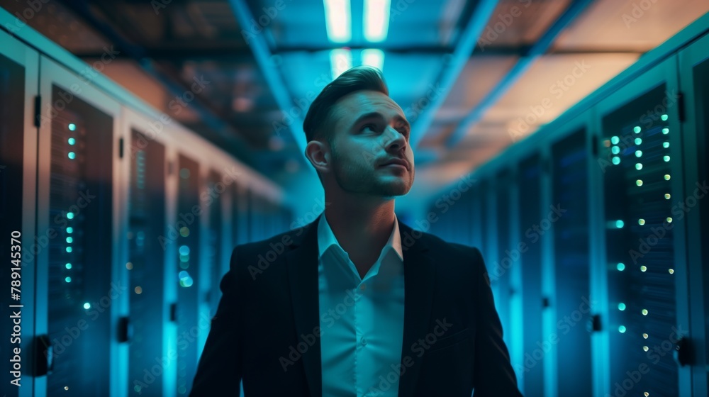 Fototapeta premium A businessman in the data center is involved in the development and implementation of the latest methods of protecting and storing information in cloud storage, actively applying analytical skills