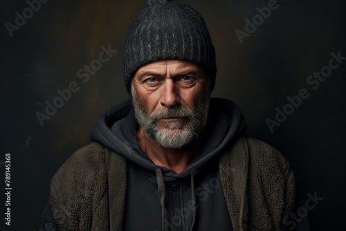 Portrait of a content man in his 50s donning a warm wool beanie in front of bare monochromatic room