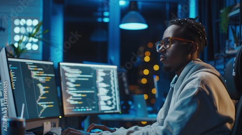 Focused African male software developer coding on multiple screens in modern office workspace