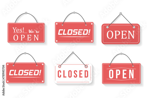 PNG, Image of various open and closed business signs. A business sign that says Come In, We're Open. Signboard with a rope.