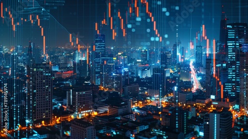 FOREX graph hologram, aerial night panoramic cityscape of Bangkok, the developed location for stock market researchers in Asia. The concept of fundamental analysis. Double exposure. © Nijat