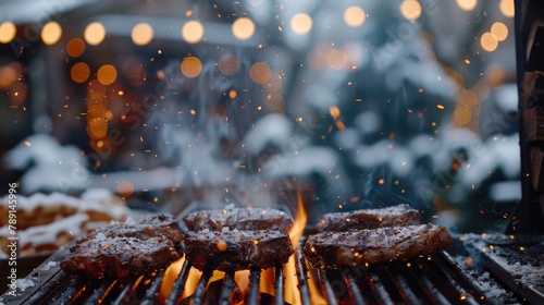 Winter Barbecue Grill with Sizzling Steaks and Sparkling Snowflakes