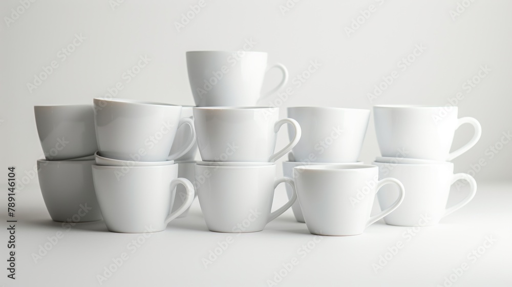 A collection of white coffee cups stacked randomly on a white background A collection of white coffee cups stacked randomly on a white background