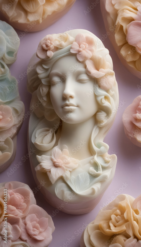 Female Bust with Flowers and Rose Buds Made of Soap