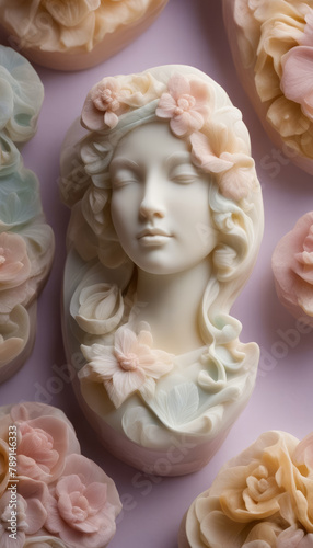 Female Bust with Flowers and Rose Buds Made of Soap