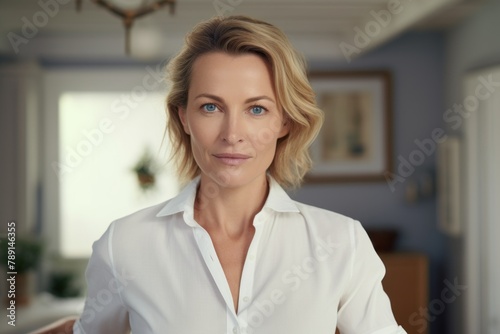 Portrait of a tender woman in her 40s wearing a classic white shirt on stylized simple home office background