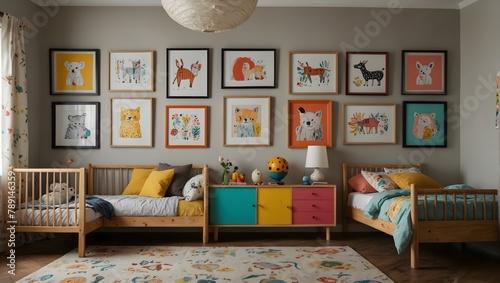 A child's bedroom wall, colorful and lively, showcasing their hand-drawn artwork in bright, playful frames Generative AI