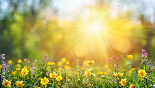 Blurred spring meadow with sunny background and defocused bokeh in blue sky to green grass gradient