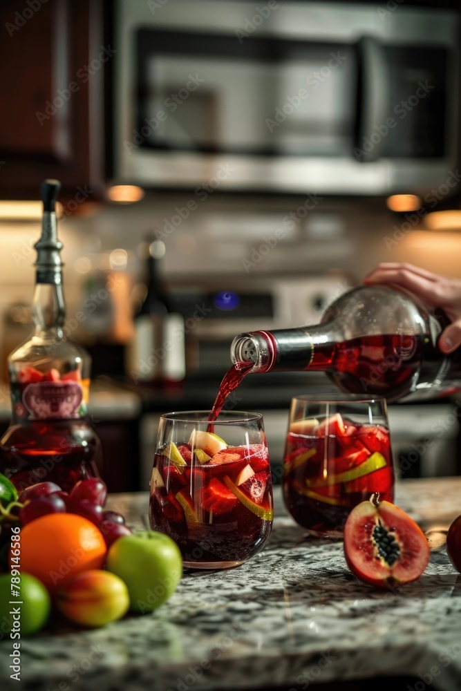 Pouring Red Wine into Glass for Fresh Fruit Sangria in Cozy Kitchen