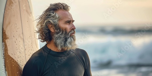 Mature Surfer with Beard Contemplating Ocean at Sunset photo