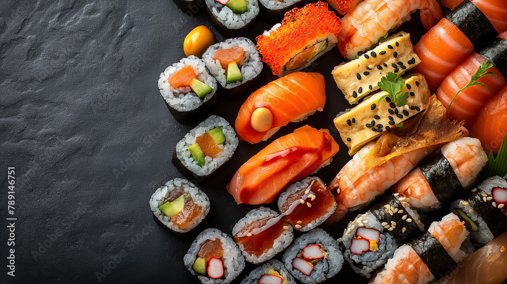 Delicious Japanese food background image, top view. Delicious Japanese food background image, top view.