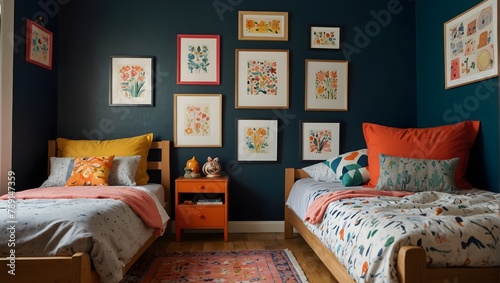A child's bedroom wall, colorful and lively, showcasing their hand-drawn artwork in bright, playful frames Generative AI
