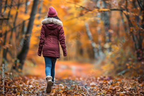 Walk Outside. Woman Walking in Autumn Forest Nature Path  Happy Girl Relaxing on Active Outdoor Activity