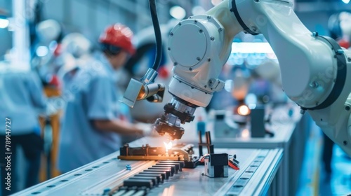 Dynamic View of a Robot Hand Assembly: Close-up on the swift, precise movements of a robot assembling small components, with engineers in the background wearing subtle red ear protection.