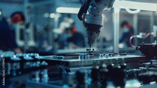 Dynamic View of a Robot Hand Assembly: Close-up on the swift, precise movements of a robot assembling small components, with engineers in the background wearing subtle red ear protection.