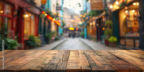 empty wooden table top with street  background , decorated for St Patrick's Day celebration, 