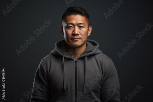 Portrait of a glad asian man in his 30s sporting a comfortable hoodie isolated on plain cyclorama studio wall