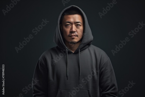 Portrait of a glad asian man in his 30s sporting a comfortable hoodie isolated in plain cyclorama studio wall