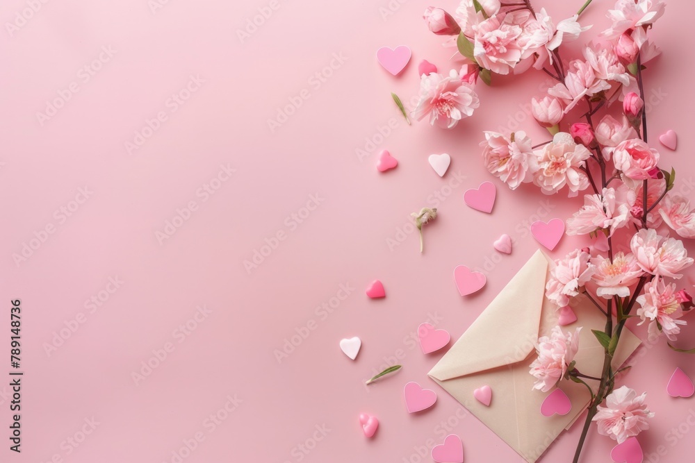 Valentines Day Background. Pink Flowers, Hearts and Envelope on Pastel Pink Background. Love and Gift Composition