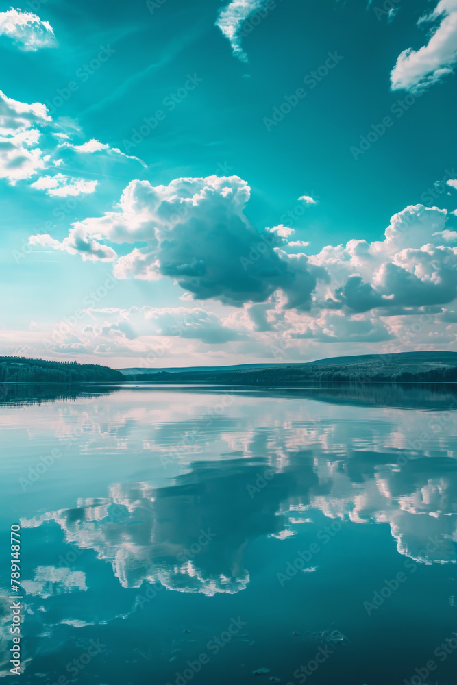 Blue sky with clouds and reflection for background