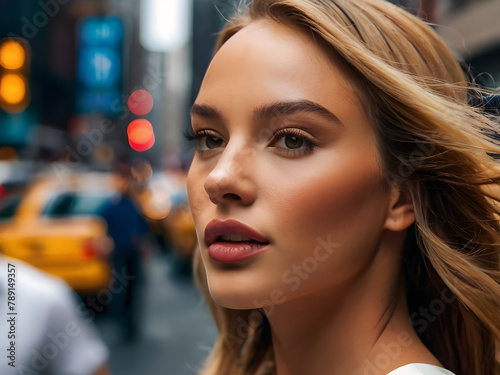 Close up - beautiful woman walks through the streets of New York City.