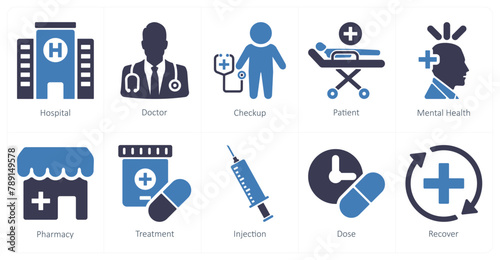 A set of 10 health checkup icons as hospital, doctor, checkup