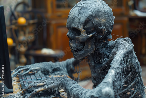 A skeleton covered in cobwebs is sitting at a computer in a room
