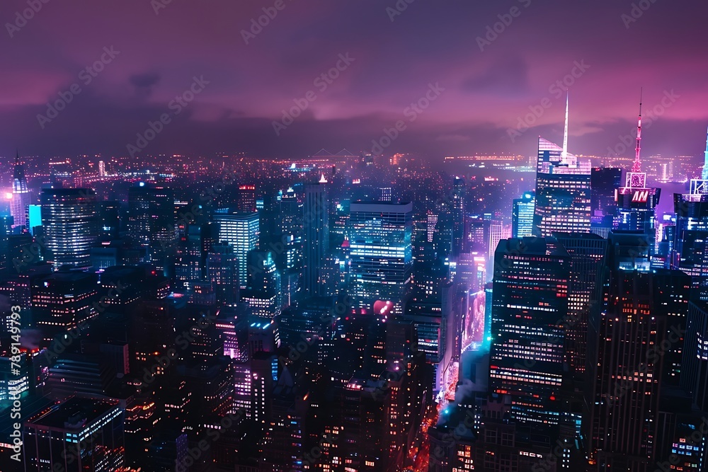: A cityscape at night, with bright neon lights contrasting against a dark sky