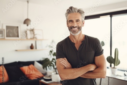Portrait of a smiling man in his 50s donning a trendy cropped top isolated on crisp minimalistic living room photo