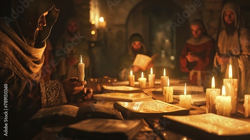 Alchemist guilds meeting, candlelit, close-up, medieval mystique,  photo