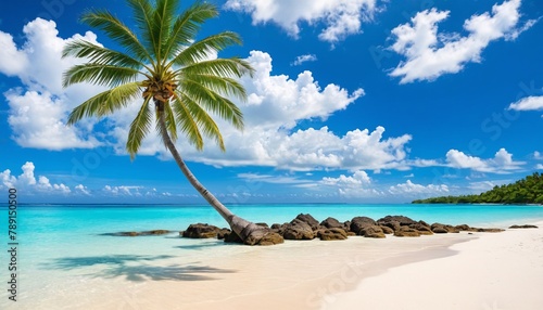 Palm and tropical beach. A calm beach with palm trees swaying in the breeze. Serene coastal image. 