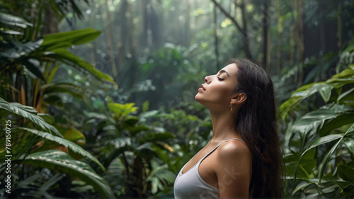 Portrait of beautiful natural beautiful women in tropical rainforest. Concept of wellbeing, mindfulness and connection with nature.	 photo