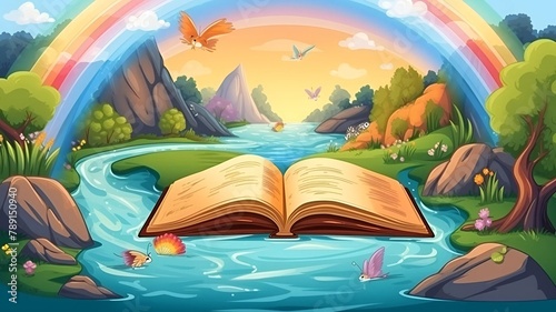 Open book with beautiful background with rainbow and magic world. Open pages of magic book with magical fantasy world. Open book in nature. Open book with rainbow.. Generative AI. The Magic Book